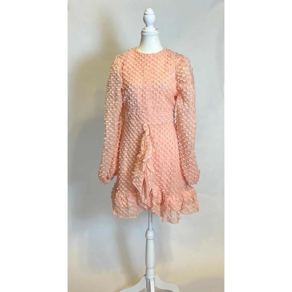 MISS ORD | Peach Dotted Chiffon Ruffled Puff Sleeve Dress | Large